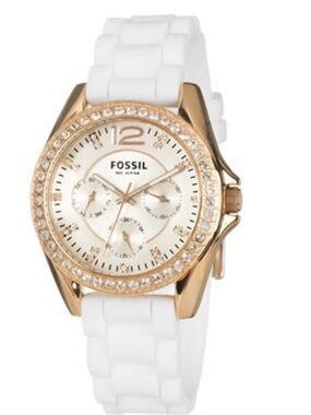 Fossil Rose Gold-Tone Case White Silicone Strap Crystal Accent Watch women